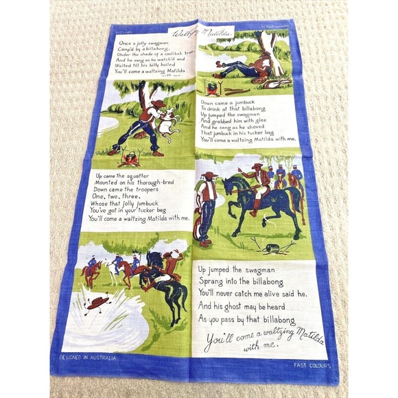Vintage 100% linen kitchen tea towel Australia souvenir Waltzing Matilda lyrics - Picture 1 of 8